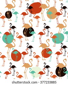 Bright seamless pattern with flamingos and spots. Vector background for cards, packaging, decoration