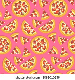 Bright seamless pattern with flat tasty italian pizza on pink background. Nice fast food texture for textile, wallpaper, wrapping paper, banner, bar and cafe menu design