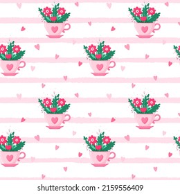 A bright seamless pattern of floral arrangement in a pink tea cup with a heart. A festive, cute, summer bouquet with simple flowers. Vector illustration. Flat cartoon style on white with pink stripes