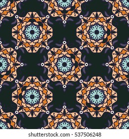 Bright seamless pattern with floral and geometrical ornament in a retro style. Vector illustration
