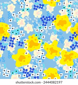Patrón brillante sin costuras en estilo de libertad floral con flores Pequeñas y flores estilizadas Grandes lunares sobre fondo transparente. Estampado de verano artístico para textil, envoltura, telón de fondo, cubierta. Vector.