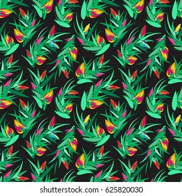 Bright seamless pattern with floral sprigs, green leaves and colorful buds placed on black background. 