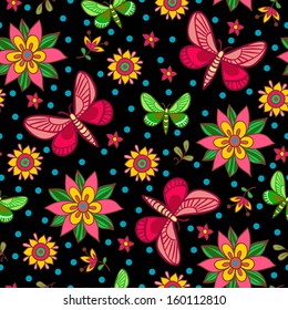 Bright  seamless pattern with flowers and butterflies in vector.