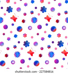 Bright seamless pattern with flowers and butterflies. Vector illustration.