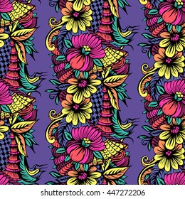 Bright seamless pattern with Flowers. The drawing for light summer fabrics or wrapping paper. Hand-drawn illustration. Vector.
