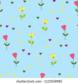 Bright Seamless pattern with flowers and hearts. Floral background for fabric, covers and wallpaper.