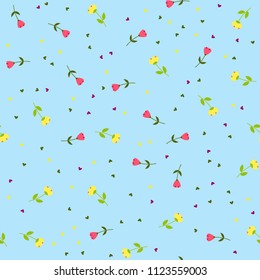 Bright Seamless pattern with flowers and hearts. Floral background for fabric, covers and wallpaper.