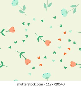 Bright Seamless pattern with flowers and hearts. Floral background for fabric, covers and wallpaper.