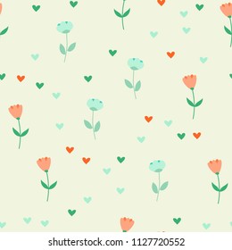 Bright Seamless pattern with flowers and hearts. Floral background for fabric, covers and wallpaper.