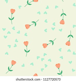 Bright Seamless pattern with flowers and hearts. Floral background for fabric, covers and wallpaper.
