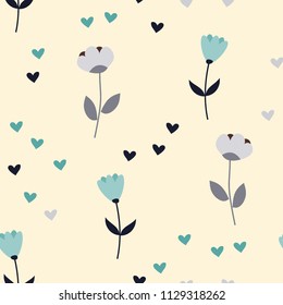 Bright Seamless pattern with flowers and hearts. Floral background for fabric, covers and wallpaper.