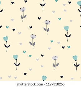Bright Seamless pattern with flowers and hearts. Floral background for fabric, covers and wallpaper.