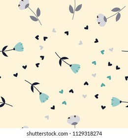 Bright Seamless pattern with flowers and hearts. Floral background for fabric, covers and wallpaper.