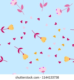 Bright Seamless pattern with flowers and hearts. Floral background for fabric, covers and wallpaper.