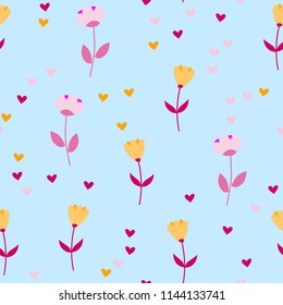 Bright Seamless pattern with flowers and hearts. Floral background for fabric, covers and wallpaper.