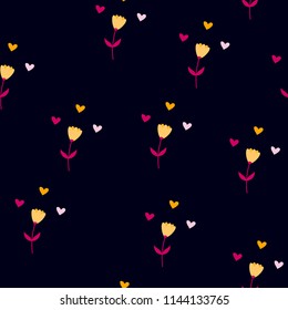 Bright Seamless pattern with flowers and hearts. Floral background for fabric, covers and wallpaper.