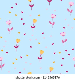 Bright Seamless pattern with flowers and hearts. Floral background for fabric, covers and wallpaper.