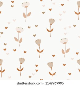 Bright Seamless pattern with flowers and hearts. Floral background for fabric, covers and wallpaper.