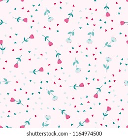 Bright Seamless pattern with flowers and hearts. Floral background for fabric, covers and wallpaper.