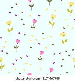Bright Seamless pattern with flowers and hearts. Floral background for fabric, covers and wallpaper.
