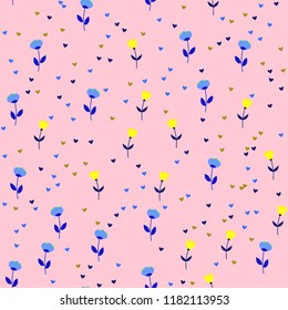 Bright Seamless pattern with flowers and hearts. Floral background for fabric, covers and wallpaper.
