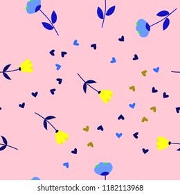 Bright Seamless pattern with flowers and hearts. Floral background for fabric, covers and wallpaper.