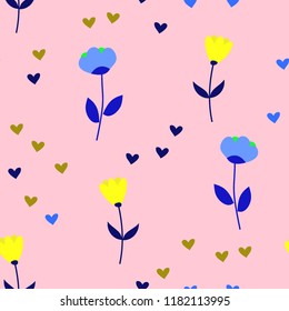 Bright Seamless pattern with flowers and hearts. Floral background for fabric, covers and wallpaper.