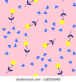 Bright Seamless pattern with flowers and hearts. Floral background for fabric, covers and wallpaper.