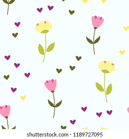 Bright Seamless pattern with flowers and hearts. Floral background for fabric, covers and wallpaper.