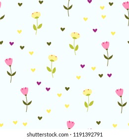 Bright Seamless pattern with flowers and hearts. Floral background for fabric, covers and wallpaper.