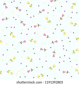 Bright Seamless pattern with flowers and hearts. Floral background for fabric, covers and wallpaper.