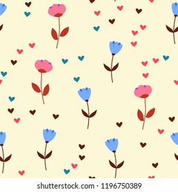 Bright Seamless pattern with flowers and hearts. Floral background for fabric, covers and wallpaper.