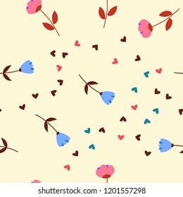Bright Seamless pattern with flowers and hearts. Floral background for fabric, covers and wallpaper.
