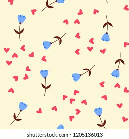 Bright Seamless pattern with flowers and hearts. Floral background for fabric, covers and wallpaper.
