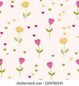 Bright Seamless pattern with flowers and hearts. Floral background for fabric, covers and wallpaper.