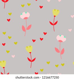 Bright Seamless pattern with flowers and hearts. Floral background for fabric, covers and wallpaper.