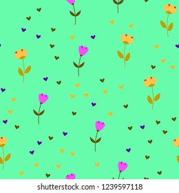 Bright Seamless pattern with flowers and hearts. Floral background for fabric, covers and wallpaper.
