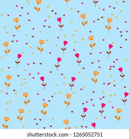 Bright Seamless pattern with flowers and hearts. Floral background for fabric, covers and wallpaper.