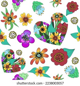Bright seamless pattern of flowers and hearts. Yellow, red, orange and lilac flowers and flower hearts. Vector illustration.