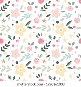 Bright Seamless pattern with flowers and leaves. Vector botanical background.