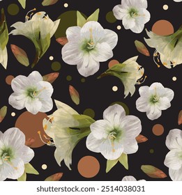 Bright seamless pattern with flowers. Narcissus, Zephyranthes, Lily flowers.