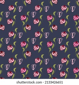 
Bright seamless pattern with flowers on a blue background.