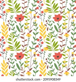 Bright seamless pattern with сartoon flowers, plants and branches. Vector illustration.