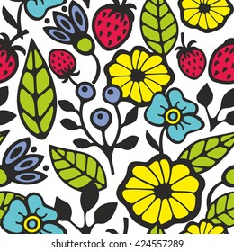 Bright seamless pattern with flowers and plants. Vector background.