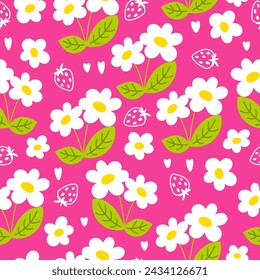 Helles nahtloses Muster von Blumen und Erdbeeren mit grünen Blättern auf rosa Hintergrund Blumendesign für Kinder in Vektor. Perfekt für Tapeten, Wickelpapier, Stoff oder Textil.