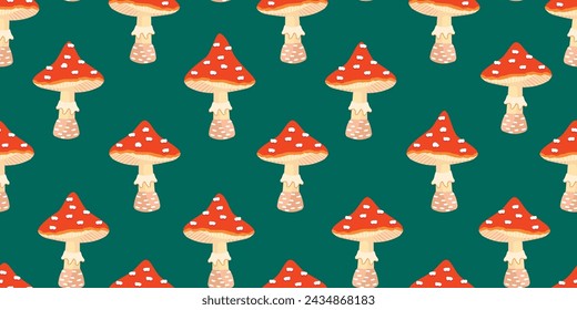 Bright seamless pattern of fly agaric mushrooms.Cartoon fungus with red cap on blue background.Decorative boletus print on fabric and paper.Endless wallpaper,cover,banner template.Vector illustration.