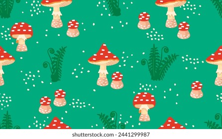 Bright seamless pattern with fly agaric and fern.Cartoon background with amanita and forest plant.Red, green and beige colors.Floral vector design for printing on fabric and paper,cover,wallpaper.
