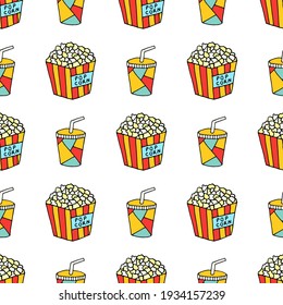 Bright seamless pattern with food for watching movies in the cinema. Vector drawing in doodle style on a white background.