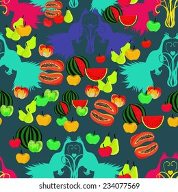 Bright seamless pattern of fruit and birds