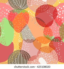 Bright seamless pattern with fruit. Colorful seamless pattern with fruits and vegetables: pomegranate, banana, apple, cherry, strawberry, carrot, figs. Stock vector